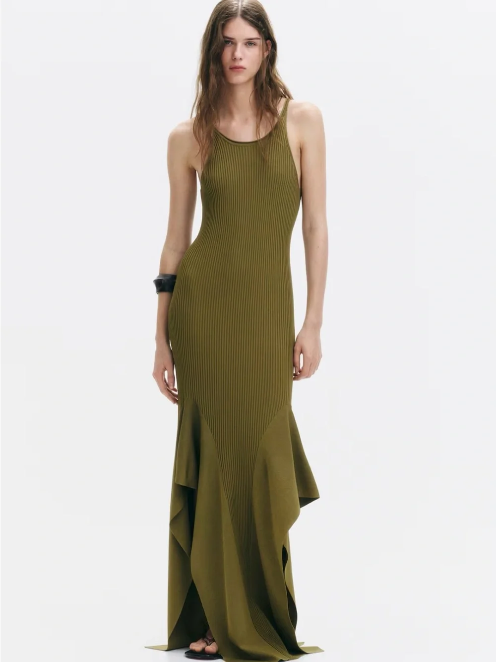 H&M EDITION,NWT OLIVE GREEN FLOUNCED KNIT DRESS SIZE SMALL - Picture 1 of 7
